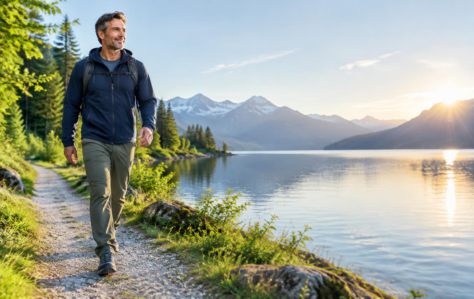 Mann bei einem Spaziergang an einem Alpensee als Sinnbild für einen aktiven Alltag