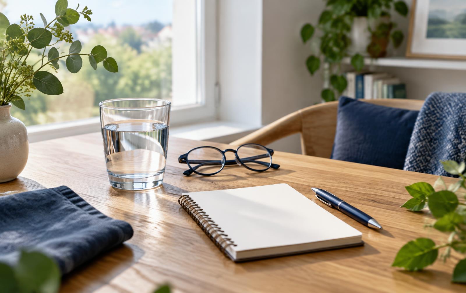 Glas Wasser, Notizbuch und Lesebrille auf einem Tisch